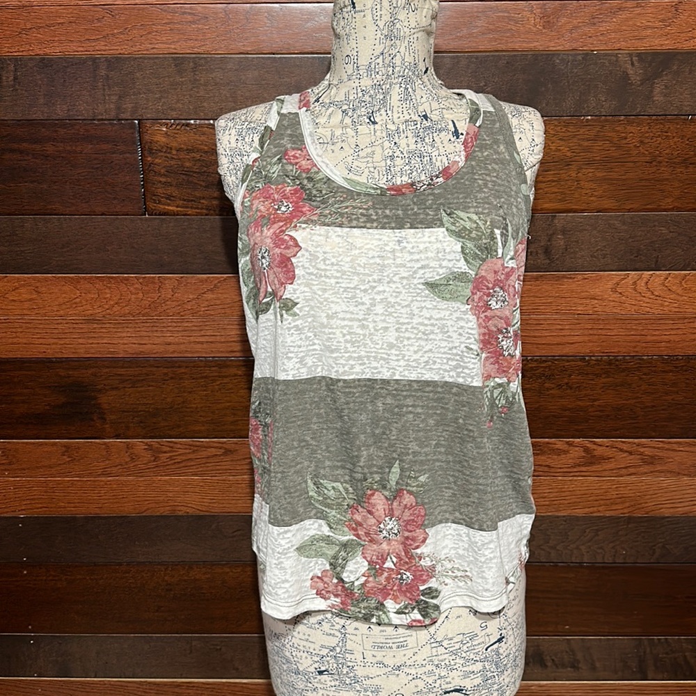 Maurices Olive & Cream Striped Tank with Rose Floral Print